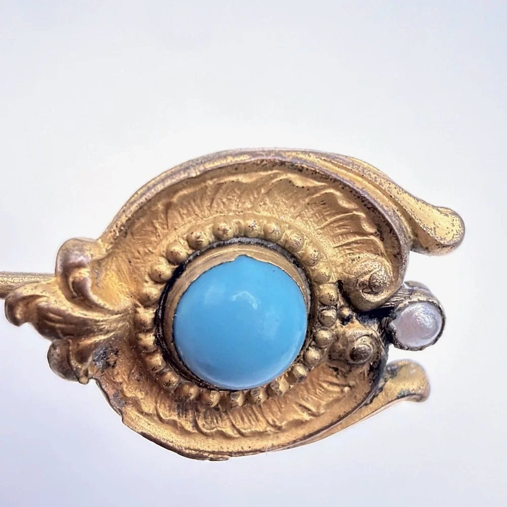 Vtg Art Nouveau Gold-Tone Stick Pin Turquoise Blue Cab